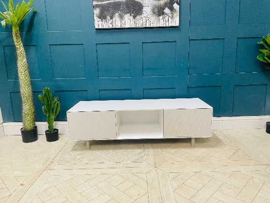 Content by Terence Conran Stanford TV stand with geometric diagonal grooves, a central shelf, and oak legs