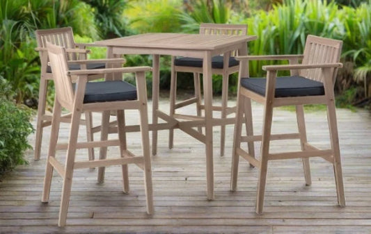 Cornwall 5-piece outdoor bar set with a square wooden table and 4 matching high chairs