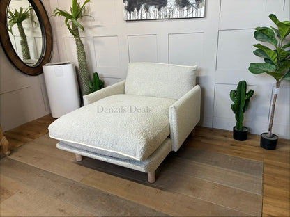 Cozmo Cosy 1.5 Seater Chaise Snuggler, Ecru Boucle Natural Piping with Feather and foam filling for a long, comfortable sit