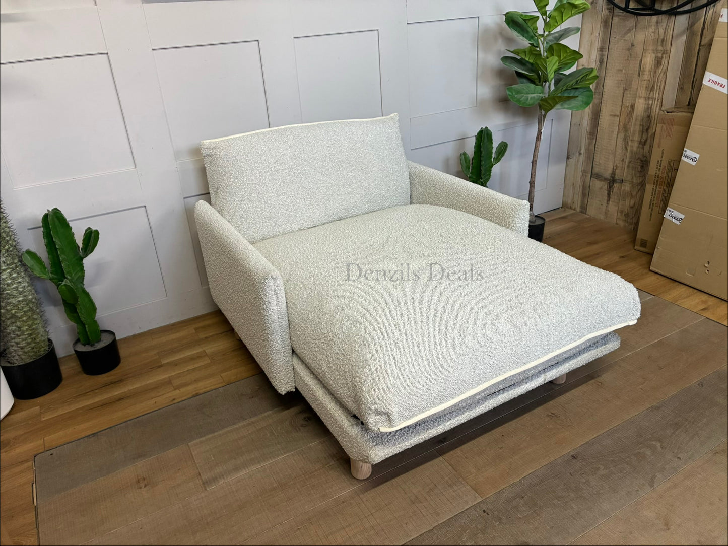 Cozmo Cosy 1.5 Seater Chaise Snuggler, Ecru Boucle Natural Piping with Feather and foam filling for a long, comfortable sit