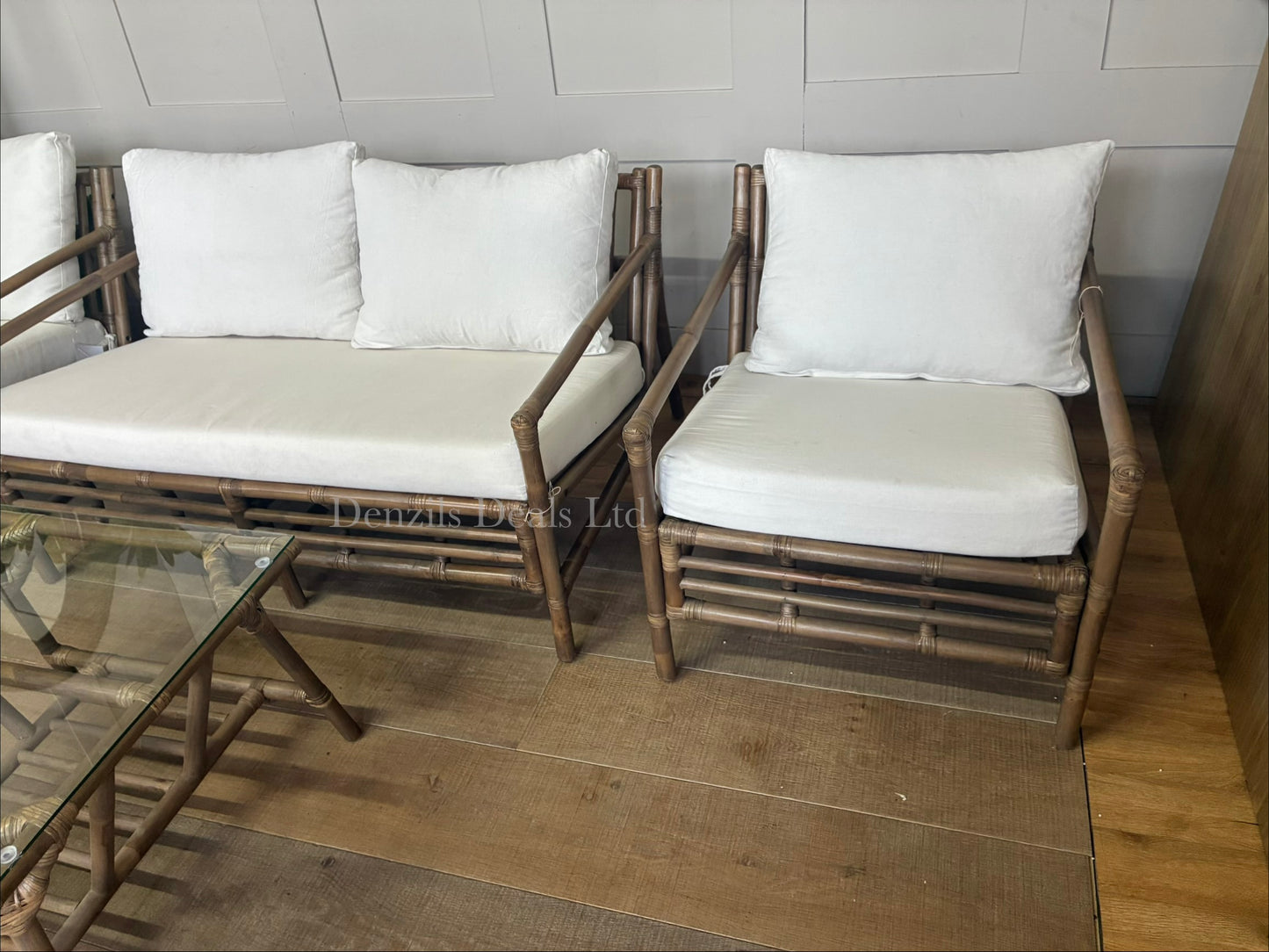 Brown Bamboo Conservator/Garden Sofa Set with 2 Armchairs & Coffee Table