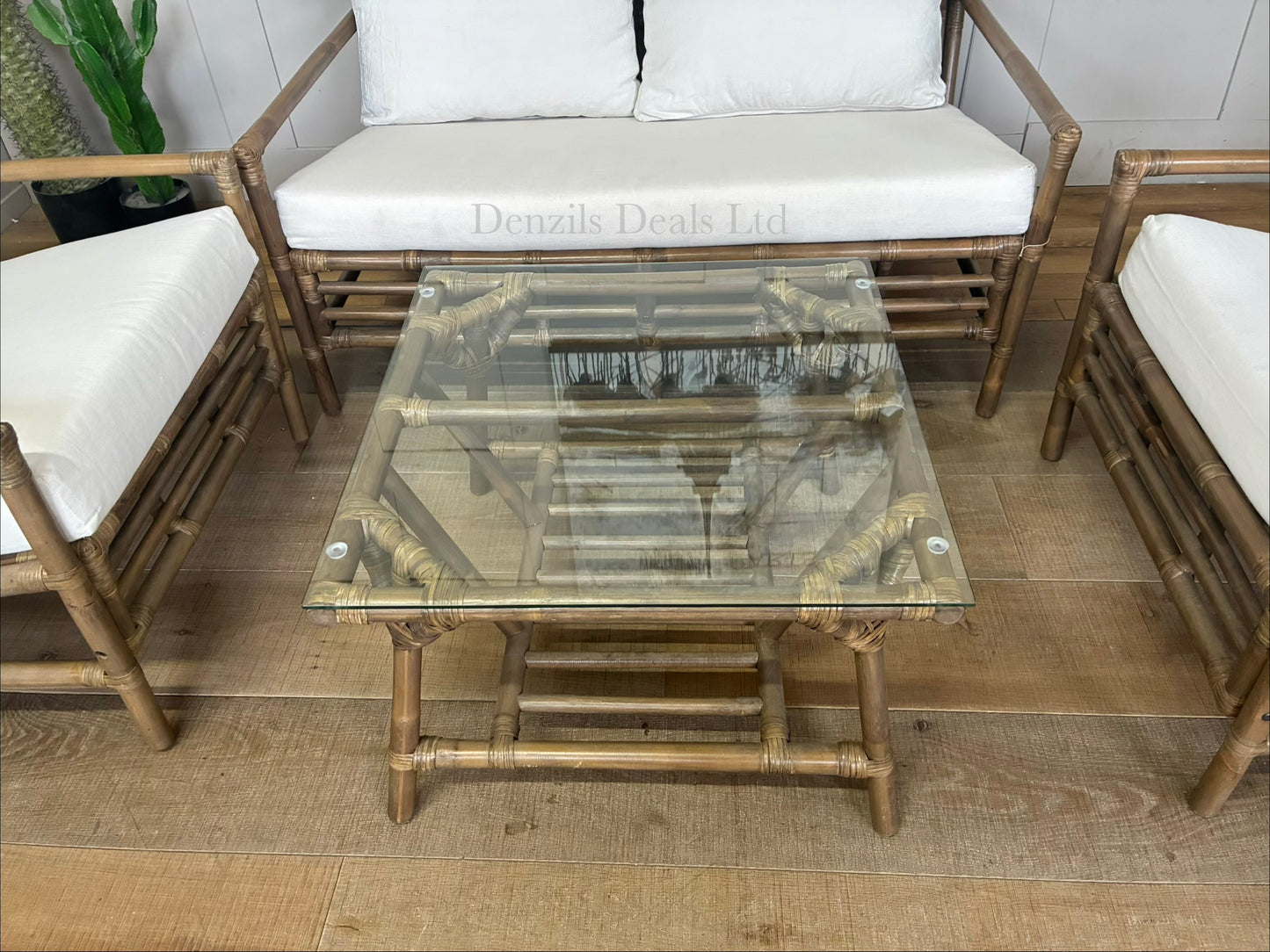 Brown Bamboo Conservator/Garden Sofa Set with 2 Armchairs & Coffee Table
