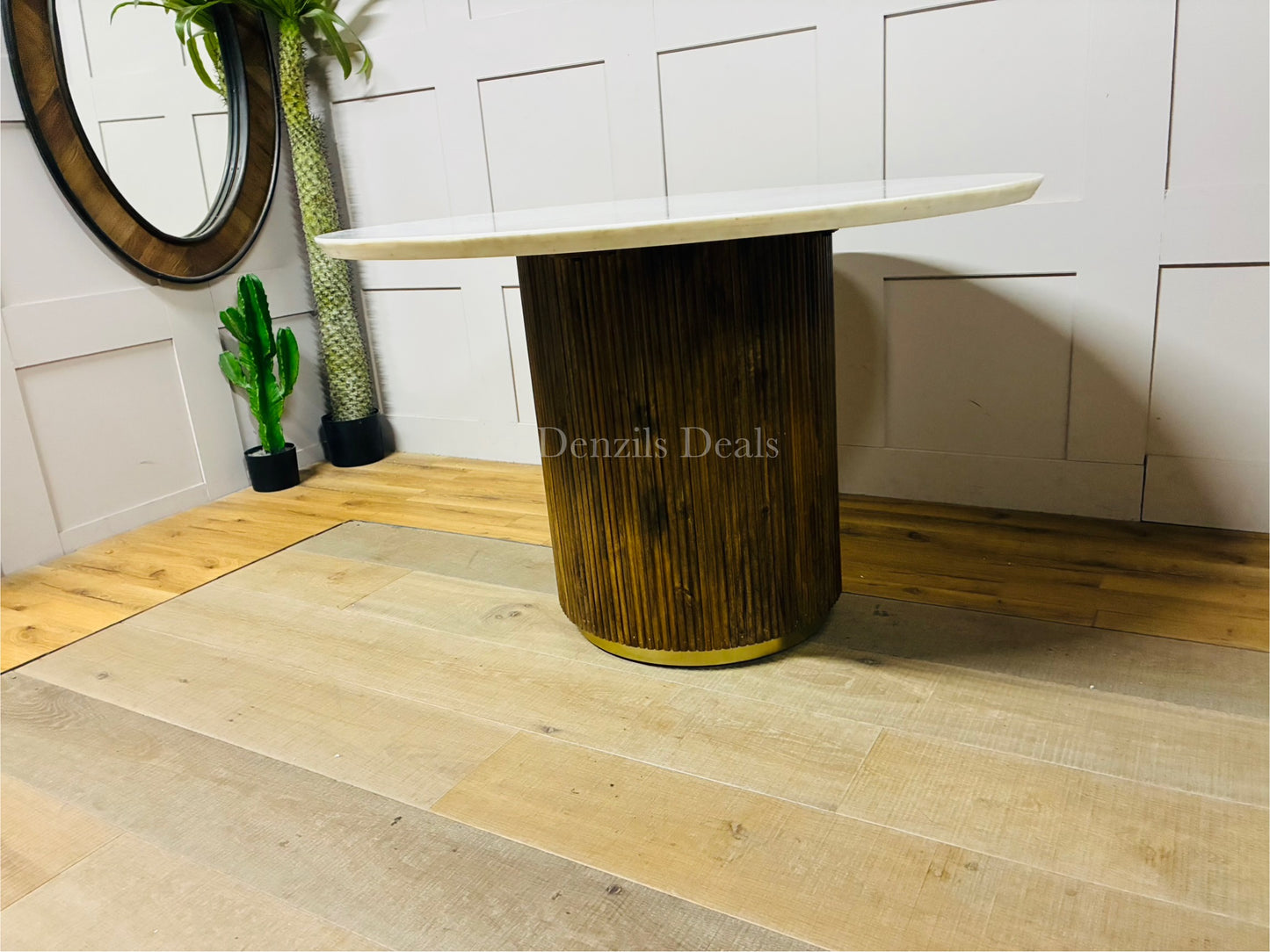 Amelie  White Marble 120cm Round Dining Table with Wave Mango Wood Base Rrp £934