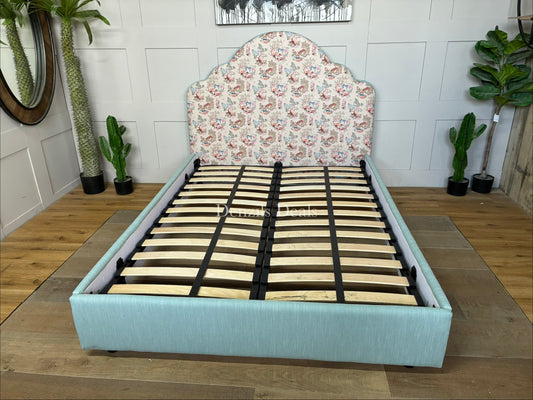 DFS x Cath Kidston Flounce double bed frame featuring a cloud-shaped upholstered headboard in a classic floral pattern