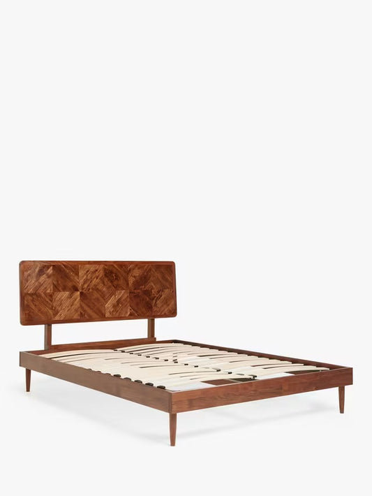 Dark brown wooden double bed frame by Swoon for John Lewis, featuring an acacia wood geometric chevron headboard and low-profile mid-century legs