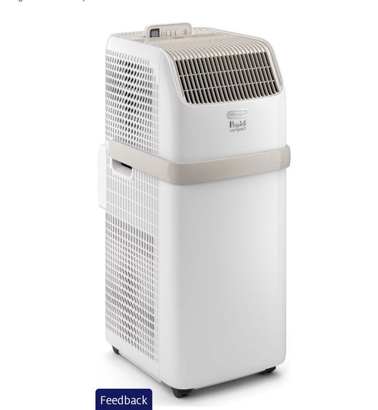De'Longhi Pinguino Compact portable air conditioner (PACES72CLASSIC) in white, featuring a digital LED soft-touch control panel, castor wheels for portability, and a slim design for small rooms up to 60m3