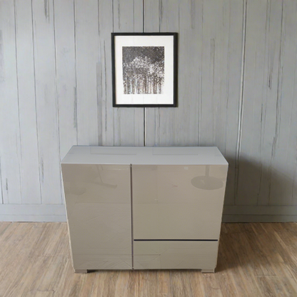 Dwell Olmo sideboard in stone colour high gloss finish with two doors and a large drawer."