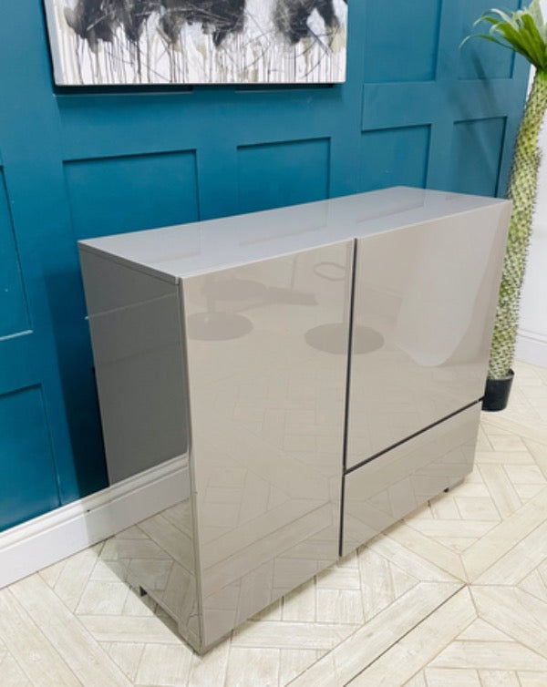 Dwell Olmo storage sideboard in stone gloss lacquer with internal shelving and drawer, measuring 100cm high and 120cm wide, sideview 