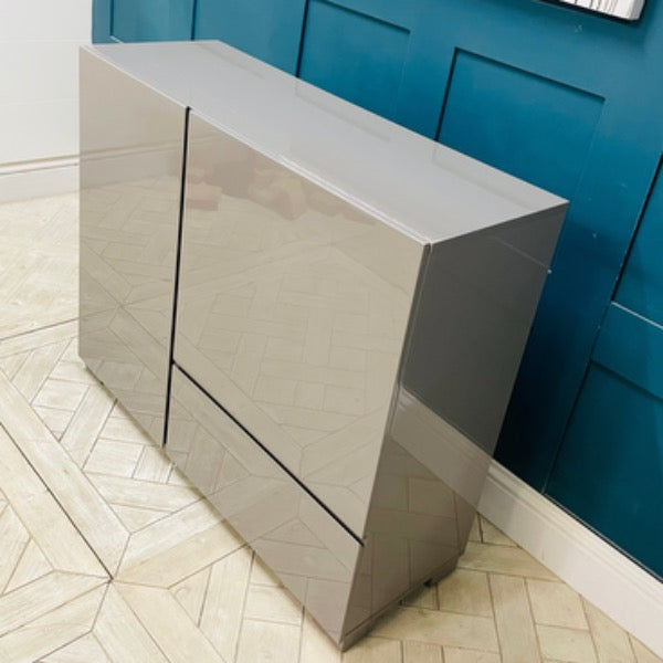 Dwell Olmo storage sideboard in stone gloss lacquer with internal shelving and drawer, measuring 100cm high and 120cm wide, side view 