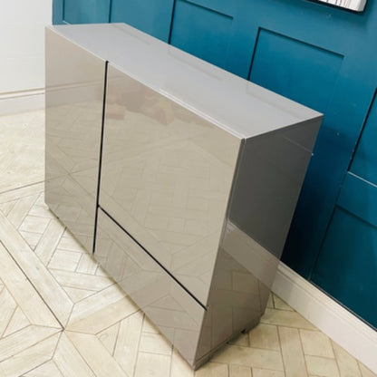 Dwell Olmo storage sideboard in stone gloss lacquer with internal shelving and drawer, measuring 100cm high and 120cm wide, side view 