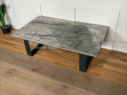 Contemporary Dwell Teno grey marble-effect ceramic coffee table with sleek, angular powder-coated grey metal legs