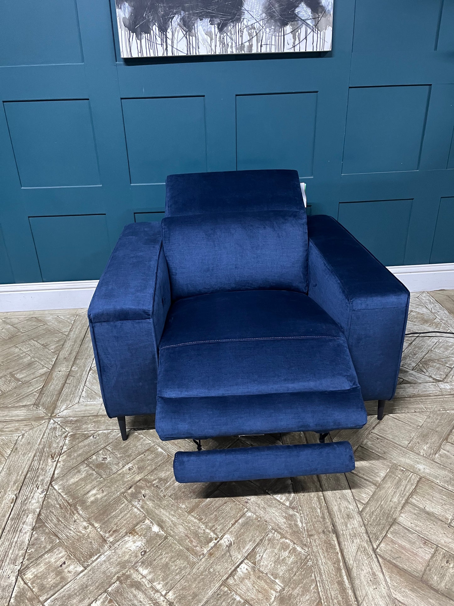 Electric power recliner armchair from John Lewis Gradient range in soft navy chenille upholstery