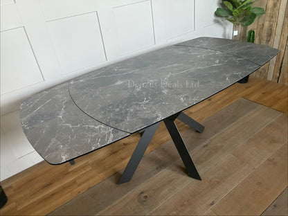 RHODES TWIST TOP STYLE EXTENDING DINING TABLE PRINTED GLASS HPL FINISH RRP £899.