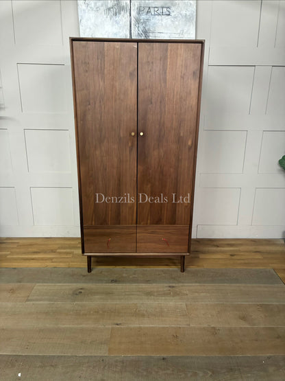 Fishe and Lilly Wright two-door mid-century modern wardrobe in a rich dark walnut finish, featuring a wide base drawer and sleek tapered legs.