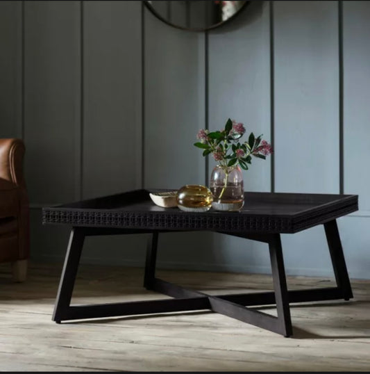 Frank Hudson Gallery Direct Boho Boutique Coffee Table in matte black charcoal finish with intricate blind fretwork detailing