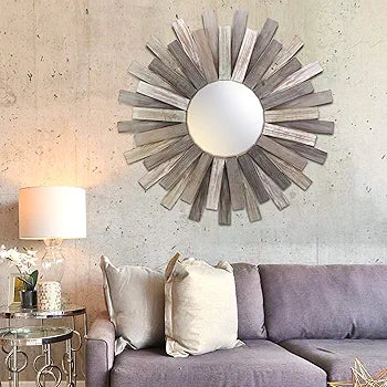 Front-facing view of the large 31.3-inch Stonebriar wooden sunburst mirror, showing the natural torched wood detailing and clear, reflective beveled glass.