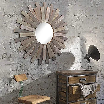 Front-facing view of the large 31.3-inch Stonebriar wooden sunburst mirror, showing the natural torched wood detailing and clear, reflective beveled glass.