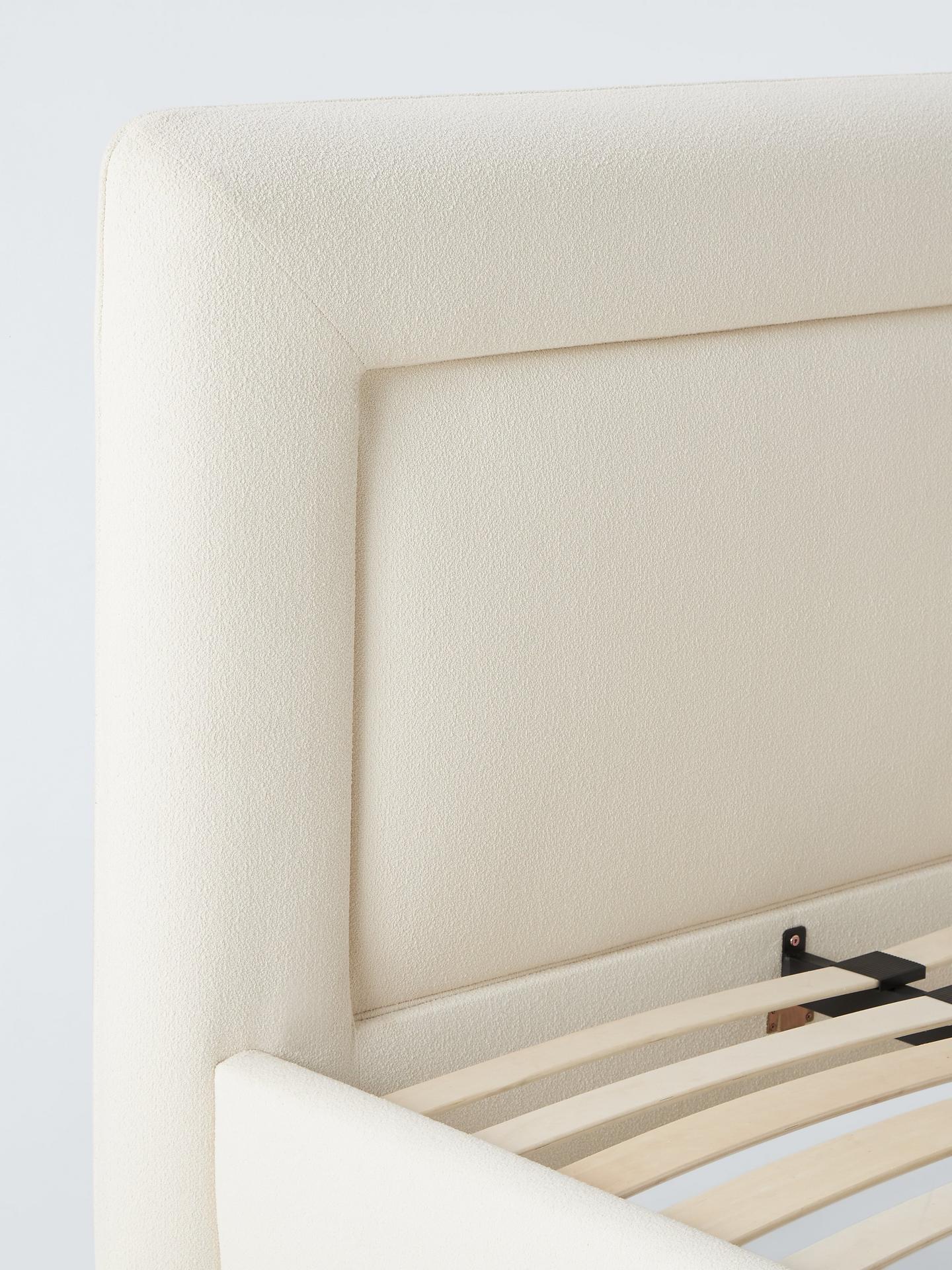 Front profile of the John Lewis Blocky super king bed frame (Bouclé White), highlighting its modern low profile and supportive sprung slatted base
