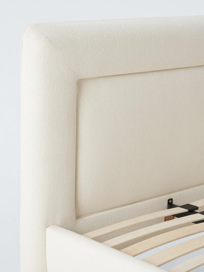 Front profile of the John Lewis Blocky super king bed frame (Bouclé White), highlighting its modern low profile and supportive sprung slatted base