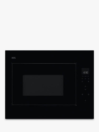 Front view of the AEG OB6SM261UB 6000 Series built-in microwave oven, featuring a sleek, minimalist all-gloss black glass finish. The front panel includes a horizontal LED digital display and touch-sensor controls on the right side, with an invisible push-to-open door mechanism