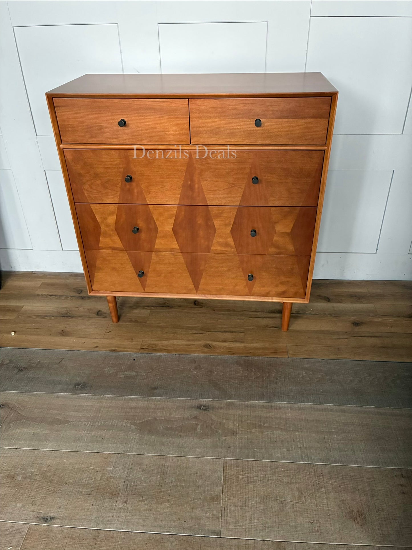 Front view of the John Lewis Marquetry 5-drawer dresser in natural wood, showcasing natural woodgrain contrast and sleek lines
