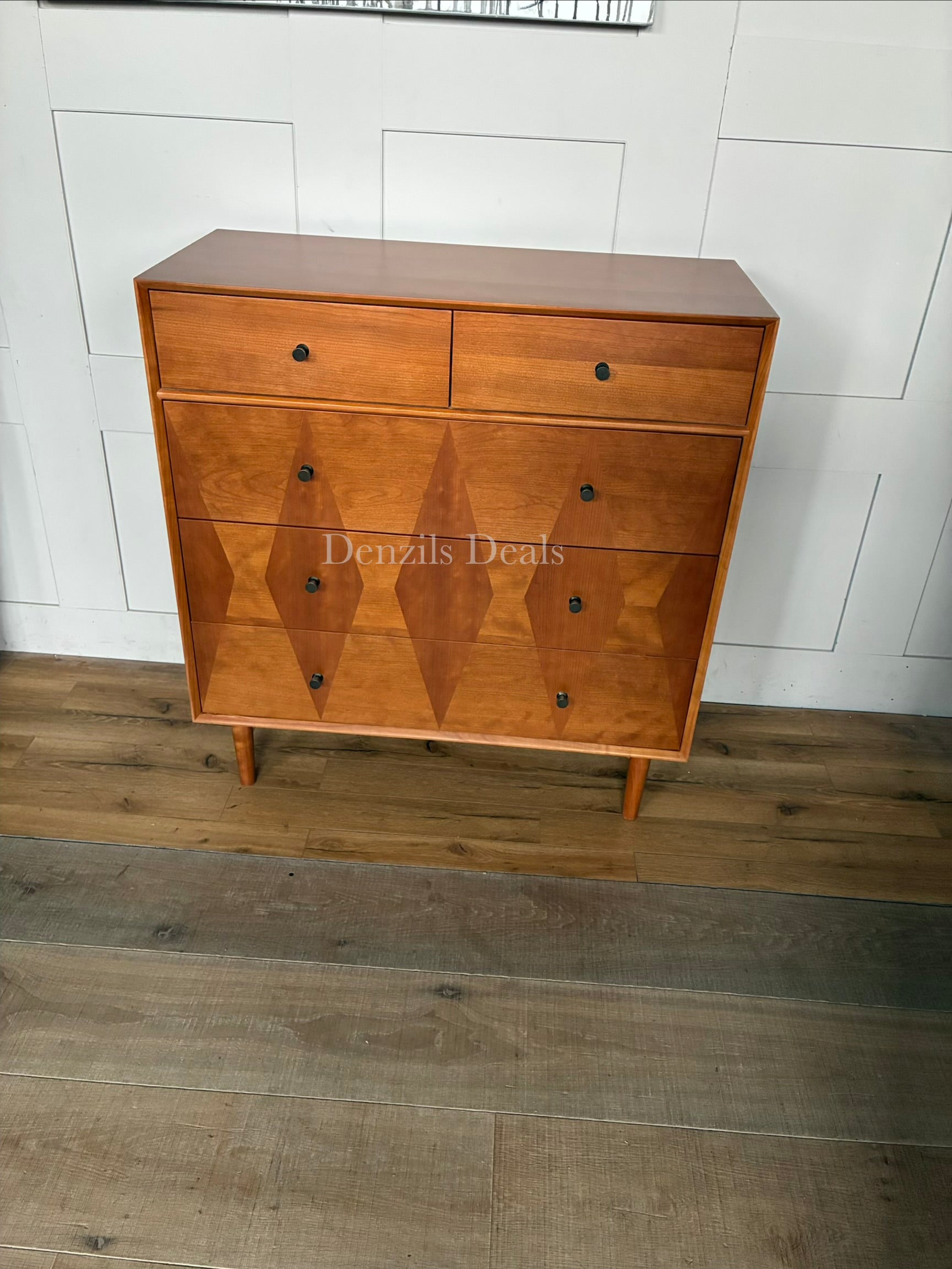 Front view of the John Lewis Marquetry 5-drawer dresser in natural wood, showcasing natural woodgrain contrast and sleek lines