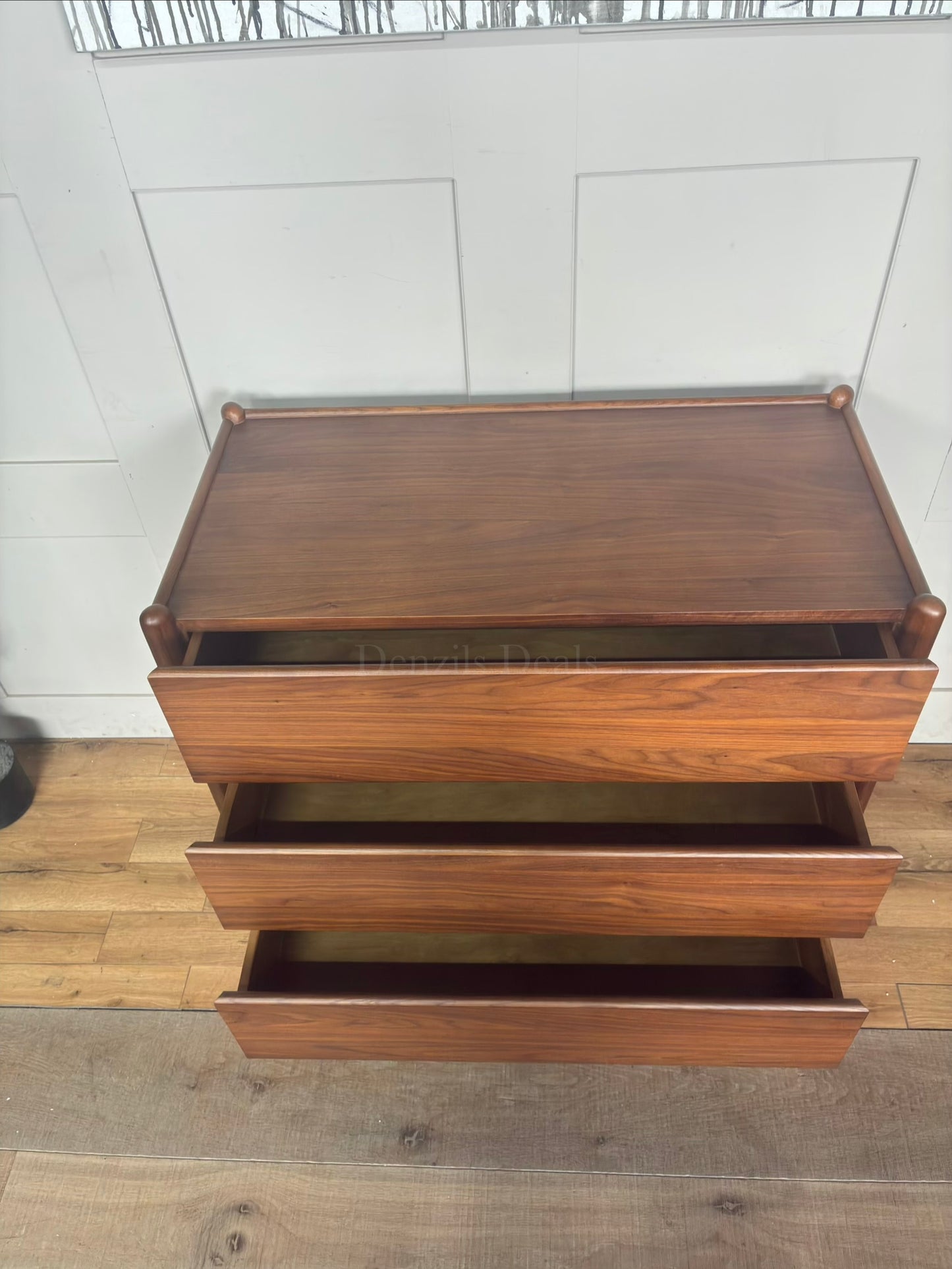 Front view of the John Lewis Scandi 3-drawer storage chest, featuring a minimalist Scandinavian design with rounded posts, flared legs, and a rich walnut-stained ash and pine finish