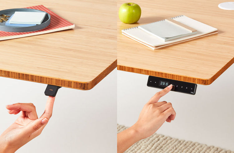 Fully Jarvis electronic adjustable sit-stand desk by Herman Miller, featuring a 120cm wide natural wood desktop and a black rectangular T-frame.