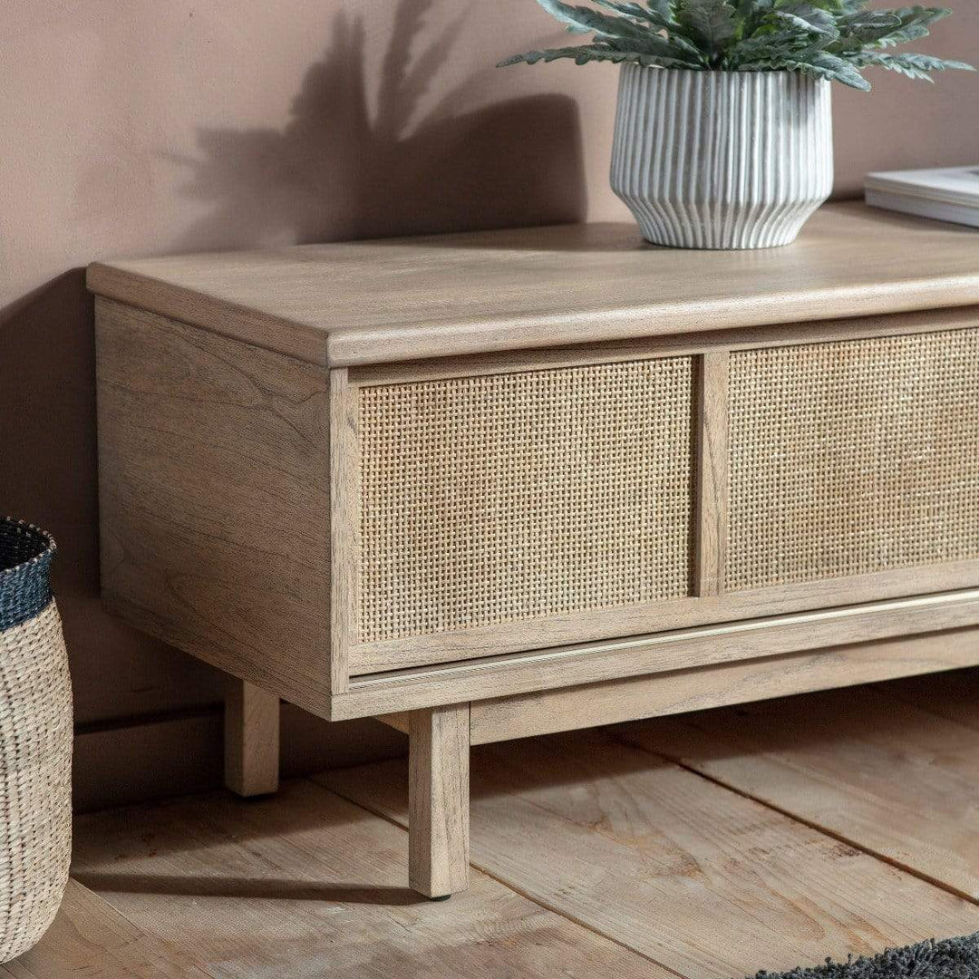Gallery Direct Craft mid-century modern wooden TV stand featuring a tapered, recessed open-leg underframe, central open media shelves, and side storage drawers