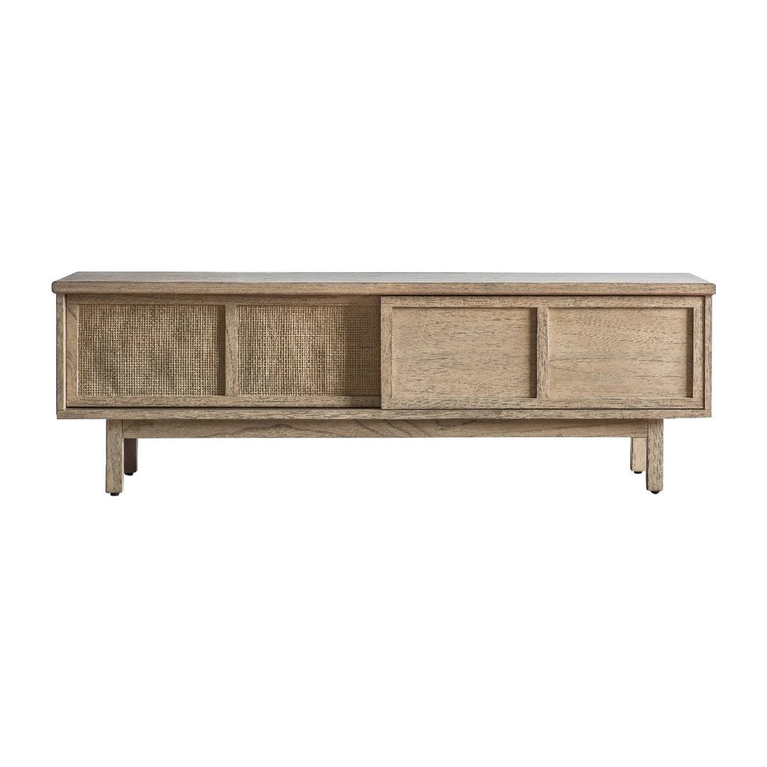 Gallery Direct Craft mid-century modern wooden TV stand featuring a tapered, recessed open-leg underframe, central open media shelves, and side storage drawers