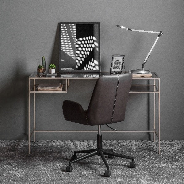 Gallery Direct Rothbury Desk in Silver with clear glass top and open storage shelves"