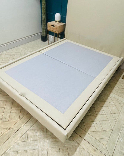 "Modern minimalist bedroom featuring the Appledore Upholstered Bed by Gallery Direct, styled with neutral bedding to highlight its clean lines and textured fabric seams