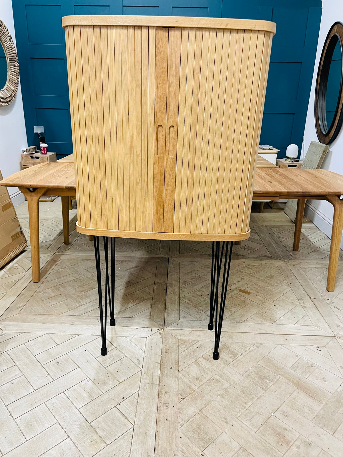 Grey wax-finished tambour hideaway desk top unit with open sliding shutters With removable legs
