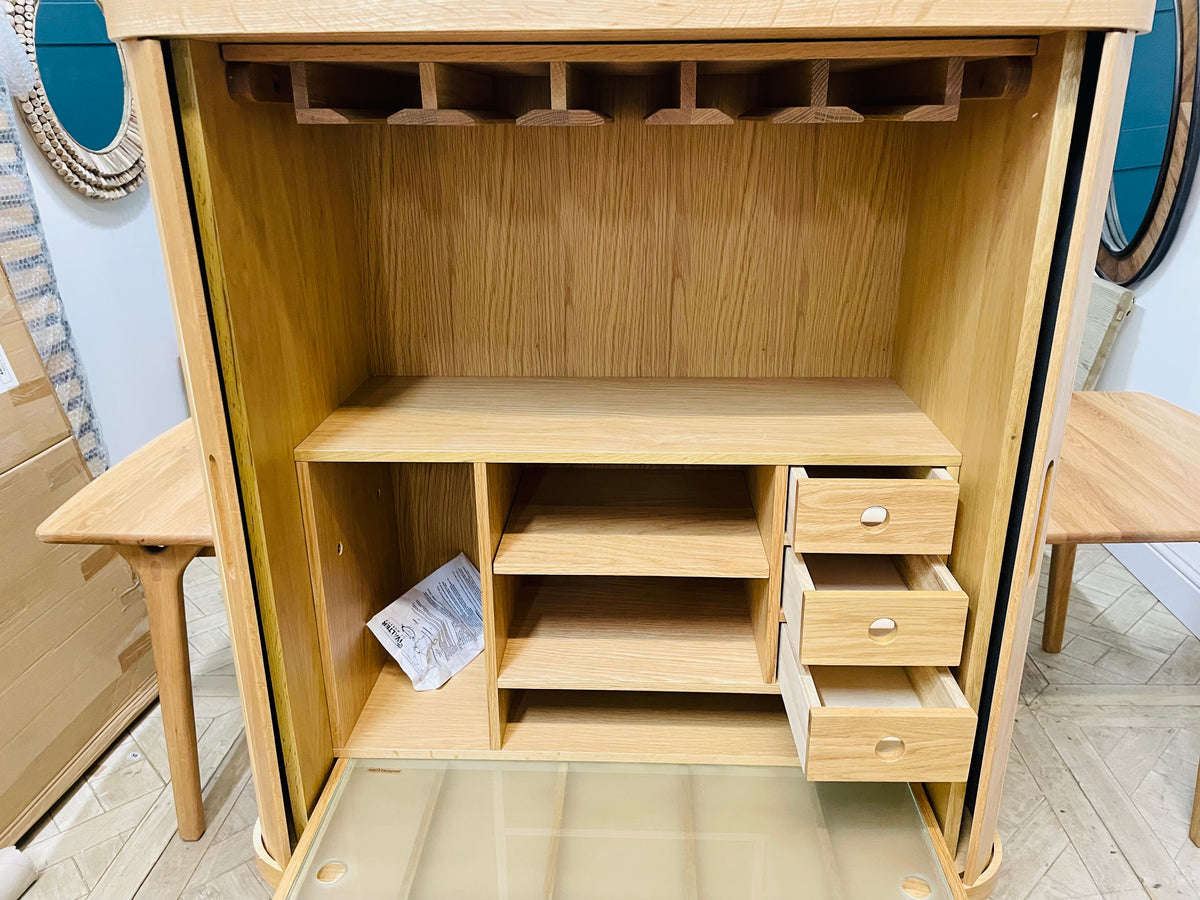 Grey wax-finished tambour desk top unit with open sliding shutters With removable legs