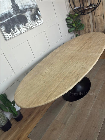 Hampton Oval Dining Table by Richmond Interiors with a beige travertine top and black metal base