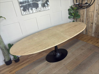 Hampton Oval Dining Table by Richmond Interiors with a beige travertine top and black metal base