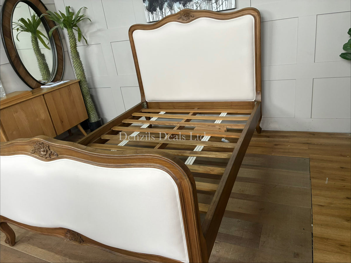 Homesdirect365 Montpellier Antique French Style Bed made from solid Mindy wood with a natural whitewash finish and hand-carved French provincial details.