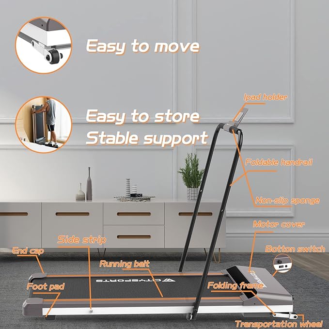 Citysport Under Desk Treadmill, Walking Pad 3 in 1 Folding Treadmill, Walking Jogging Treadmills for Home Office, 2.5HP Low-Noise LED Display, Preset and Adjustable Programs