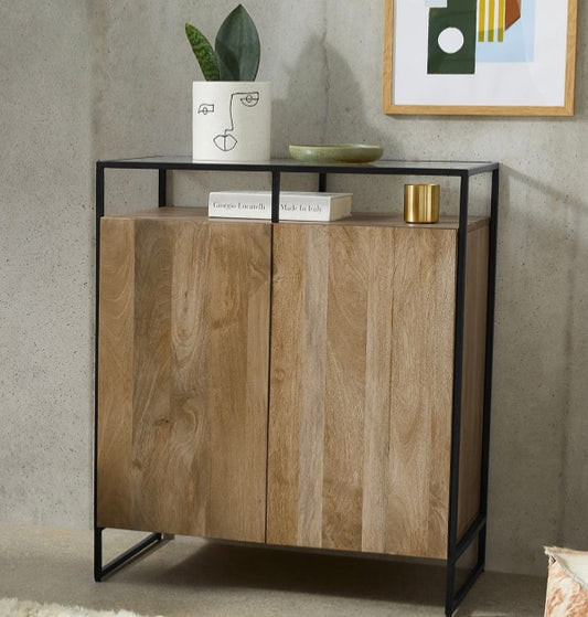 MADE.Com Kilby Light Mango Wood Compact Sideboard with Dark Glass Top @R6