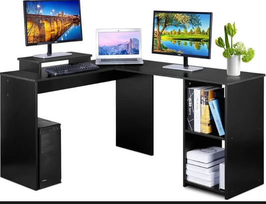 Black L Shaped Computer Corner Desk & Monitor Stand, Home, Office, Gaming Desk