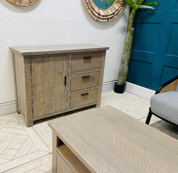 Scandinavian style rustic pine compact sideboard