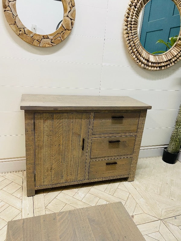 Scandinavian style rustic pine compact sideboard