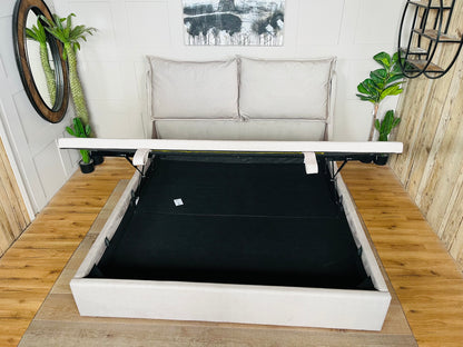 Super King-size Ottoman Bed, Wren Smooth Stone Fabric Oak FurnitureLand