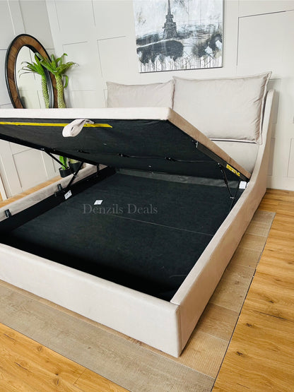 Super King-size Ottoman Bed, Wren Smooth Stone Fabric Oak FurnitureLand