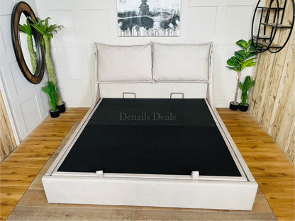 Super King-size Ottoman Bed, Wren Smooth Stone Fabric Oak FurnitureLand