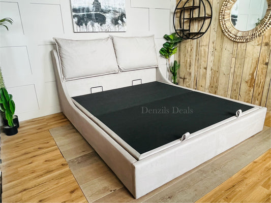 Super King-size Ottoman Bed, Wren Smooth Stone Fabric Oak FurnitureLand