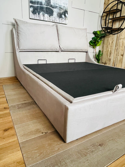 Super King-size Ottoman Bed, Wren Smooth Stone Fabric Oak FurnitureLand