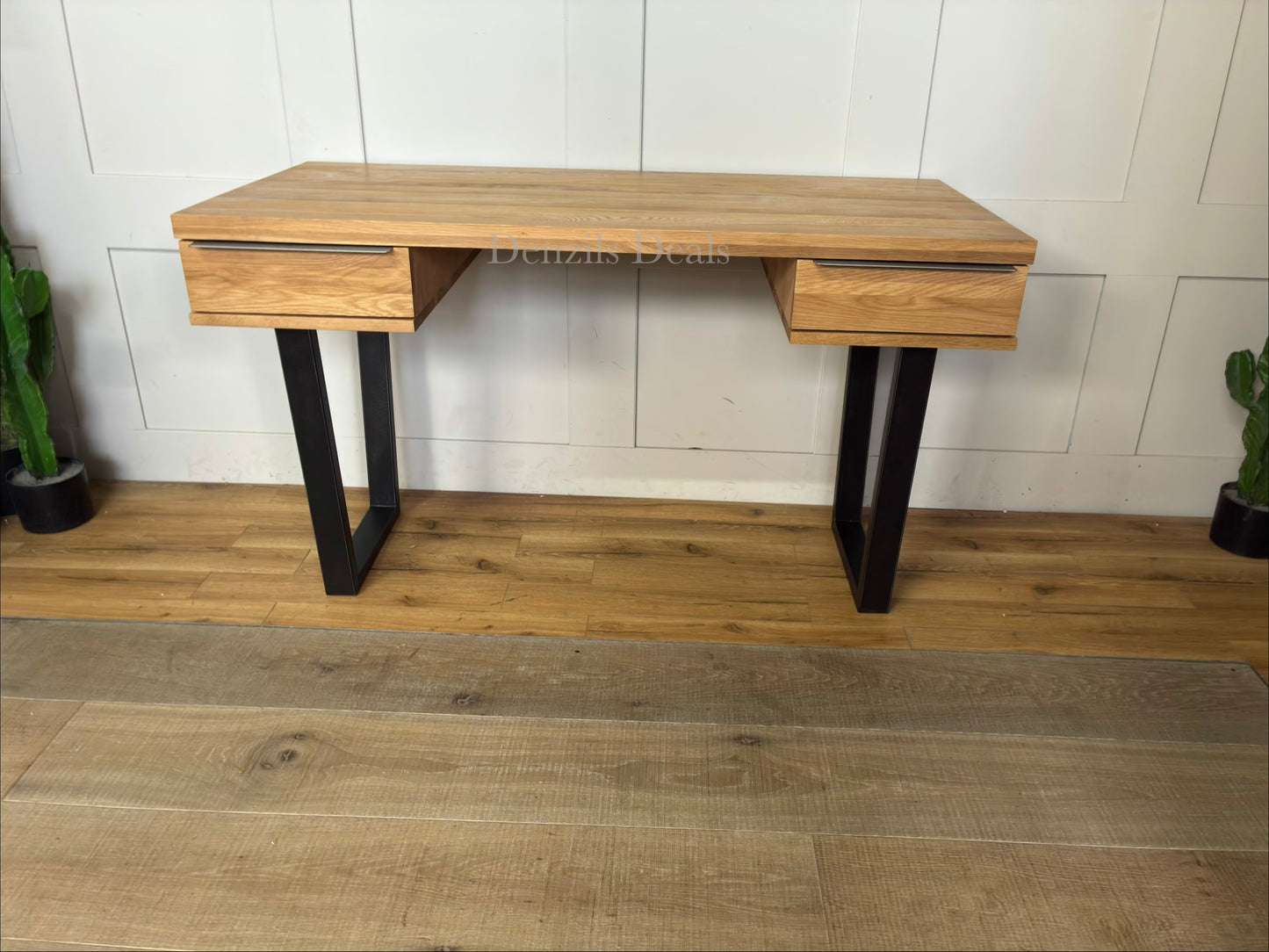 Industrial-style small oak desk with two drawers and black metal legs