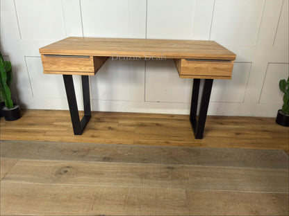 Industrial-style small oak desk with two drawers and black metal legs