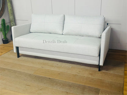 Modern 3-seater sofa bed with slim arms and oak legs, upholstered in a textured Mixed Dance Natural fabric. It folds out into a 160x200cm king-size sleeper with hidden bedding storage underneath